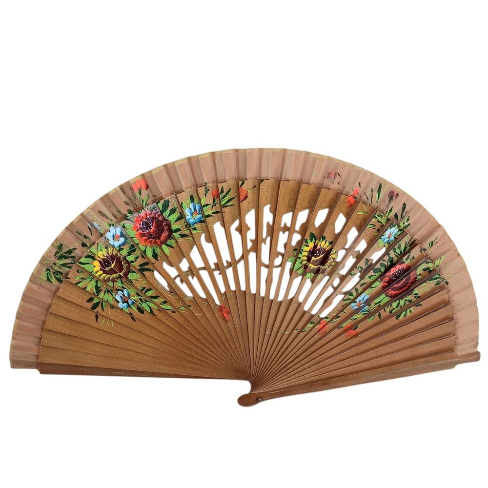VTG Wood & Fabric Hand Painted Floral Spanish Hand Fan Cutout Design 16x9 Unique